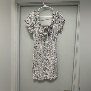 Haute Monde Floral Ruffled Scoop Neck Mini Dress - Blue & Cream